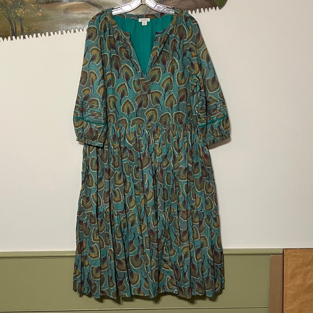 Sundance Feather Print Teal Dress, Tiered, with Pockets, lined XL